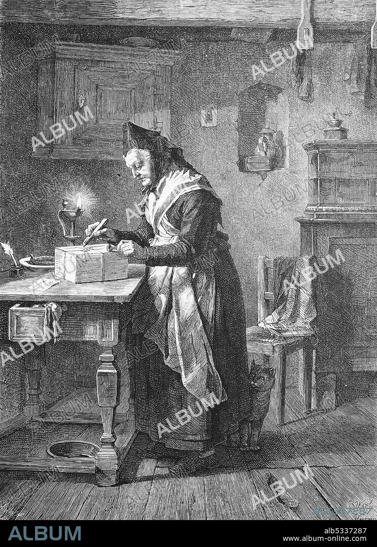 For the field post, farmer's wife packs and seals a parcel for her son who is at war, Germany, 1871  /  Für die Feldpost, Bäuerin packt und versiegelt ein Paket für den Sohn, der im Krieg ist, Deutschland, 1871, Historisch, historical, digital improved reproduction of an original from the 19th century / digitale Reproduktion einer Originalvorlage aus dem 19. Jahrhundert,.