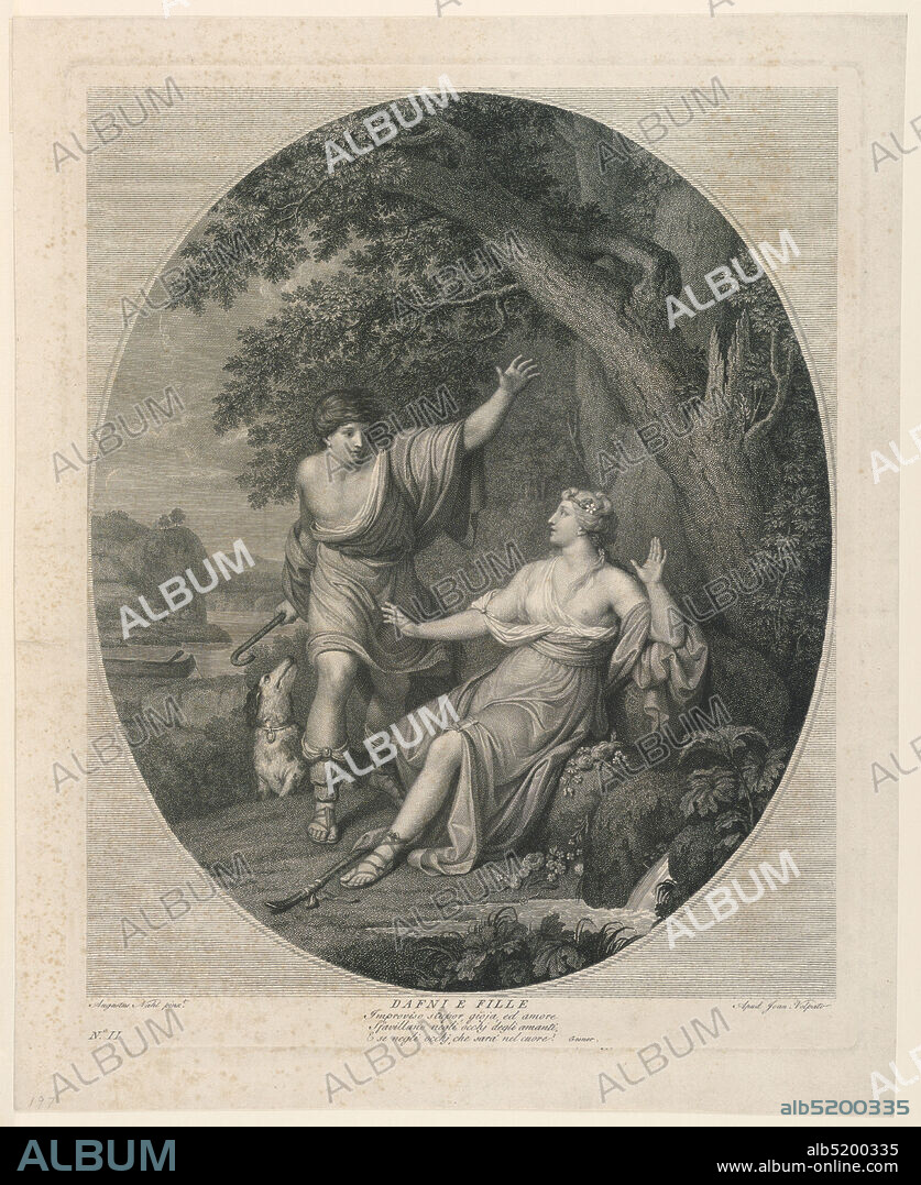 Daphne Encountered by Apollo, Giovanni Volpato, Italian, 1740 - 1803, Johann August Nahl The Younger, German, 1752 - 1825, Engraving on paper, Within an oval engramement, Apollo, in the grab of a shepherd, encounters Daphne, seated under a tree. Landscape setting., Italy, ca. 17901800, Print, Print.