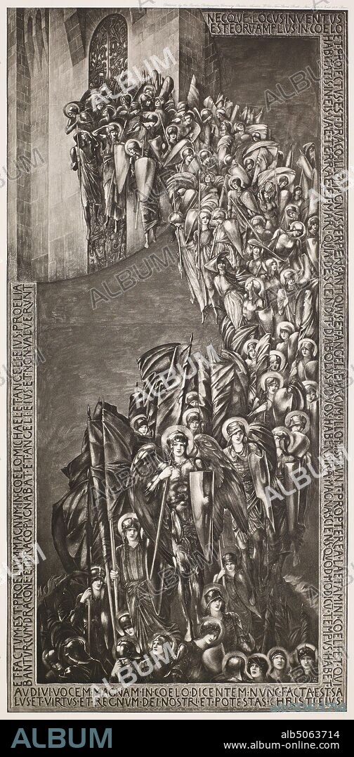 The Fall of Lucifer, 1900 After: Sir Edward Burne-Jones (d.1898) Publisher: Berlin Photographic Company, ReligionPre-Raphaelite, Photographic print, Photogravure, Men, Staircase.