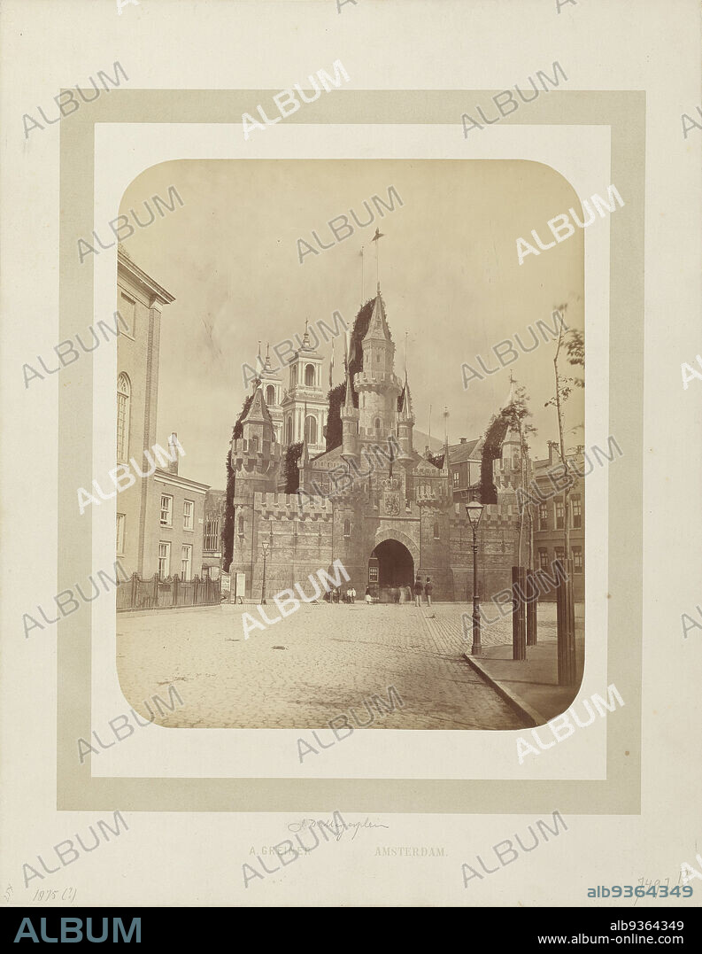Gate, temporarily erected on the Jonas Daniel Meyer Square in Amsterdam, ca. 1875, Old city gate with battlements and towers, temporarily erected on the Jonas Daniel Meyer Square in Amsterdam, with the Moses and Aaron Church in the background, ca. 1875., Albert Greiner (mentioned on object), Amsterdam, 1872 - 1878, paper, albumen print, height 277 mm × width 227 mm.