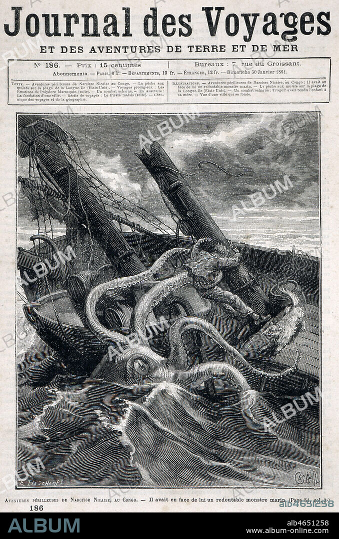 Attaque d'un monstre marin dans 'Le journal des voyages' du 30 janvier 1881. 'Il en avait en face de lui un redoutable monstre marin' par Horace CASTELLI (1825-1889) pour les Aventures perilleuses de Narcisse Nicarse au Congo. Credit: Collection KHARBINE-TAPABOR.