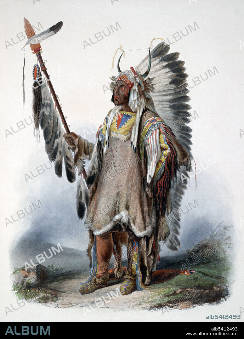 Mato-tope holding a lance and wearing painted and quilled shirt. Mato-tope (1784, July 30, 1837) was the second chief of the Mandan tribe to be known as Four Bears, a name he earned after charging the Assiniboine tribe during battle with the strength of four bears. Around 1830 the trading post Fort Clark was built less than 600 feet south of Mitutanka. At that time, Four Bears was a brave warrior among his people, famous for killing a Cheyenne chief in hand-to-hand combat. Besides the Cheyenne, Four Bears fought the Sioux, the Arikara, and the Assiniboine and once he killed two Ojibway women. Voyage dans l'interieur de l'Amerique du Nord, execute pendant les annees 1832-34. Karl Bodmer (1809-1893) was a Swiss printmaker, lithographer, painter, illustrator and hunter. He accompanied the German explorer Prince Maximilian zu Wied-Neuwied on his Missouri River expedition.