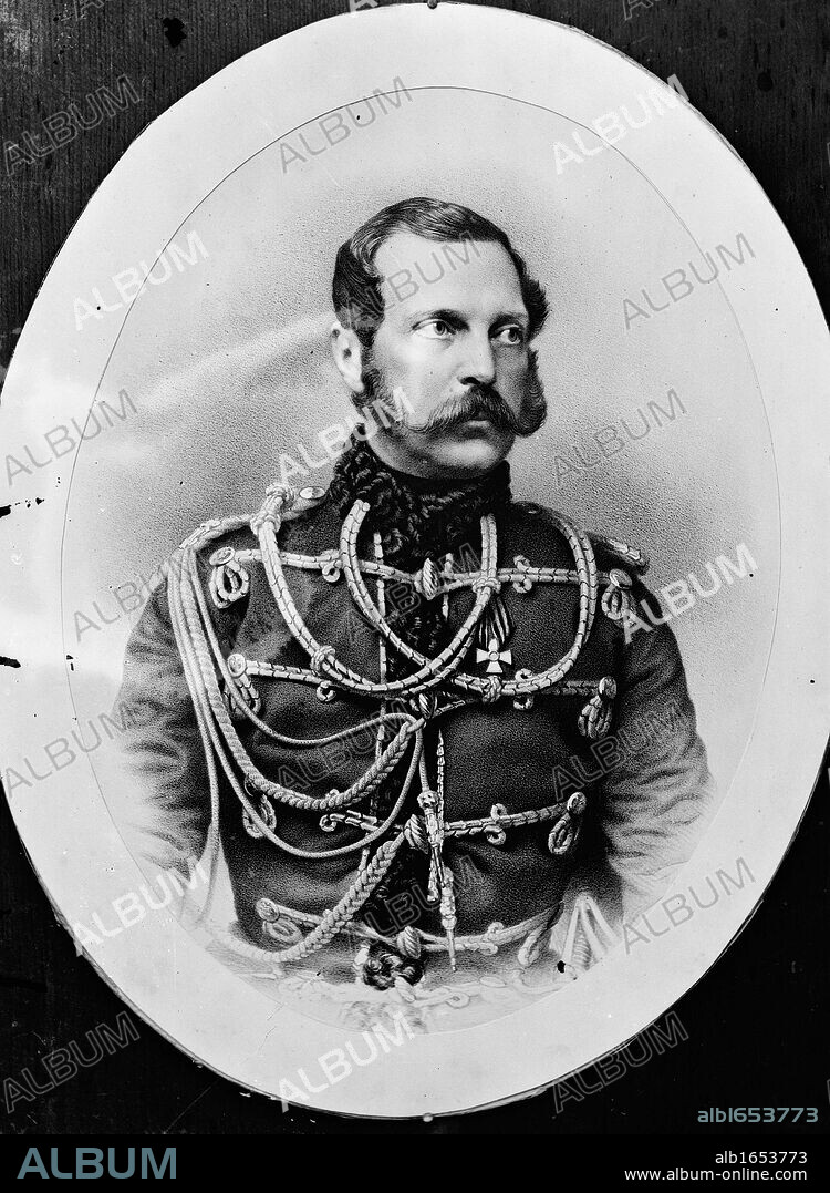 Alexander II (1818-1881), Tsar of Russia from 1855, called Alexander the Liberator for his abolition of serfdom in 1861.,    Assassinated in St Petersburg. Half-length oval portrait in military uniform facing partly right.