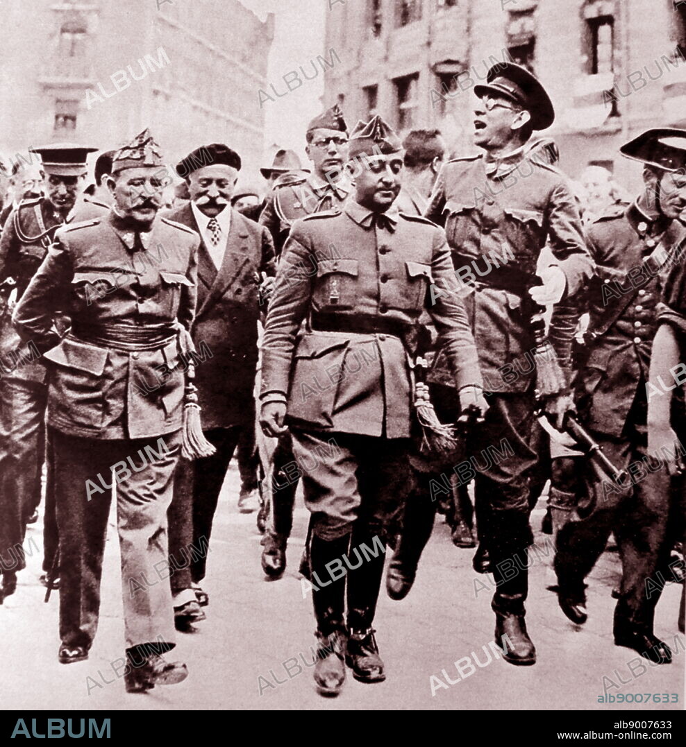 Spanish Civil War nationalist leaders: Left to right; General José Cavalcanti, General Francisco Franco and General Emilio Mola y Vidal, visit Burgos in Spain 1938.