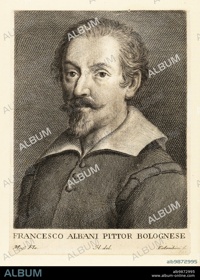 Francesco Albani or Albano, Italian Baroque painter who was active in Bologna, Rome and Florence, 1578-1660. Francesco Albani Pittor Bolognese, Copperplate engraving by Cosimo Colombini of a drawing by Ignatius Hugford after a selft-portrait by Albani in Gaetano Cambiagis Serie degli Uomini i più illustri nella pittura, scultura e architettura,Series of the most illustrious men in painting, sculpture and architecture, Florence, 1769.