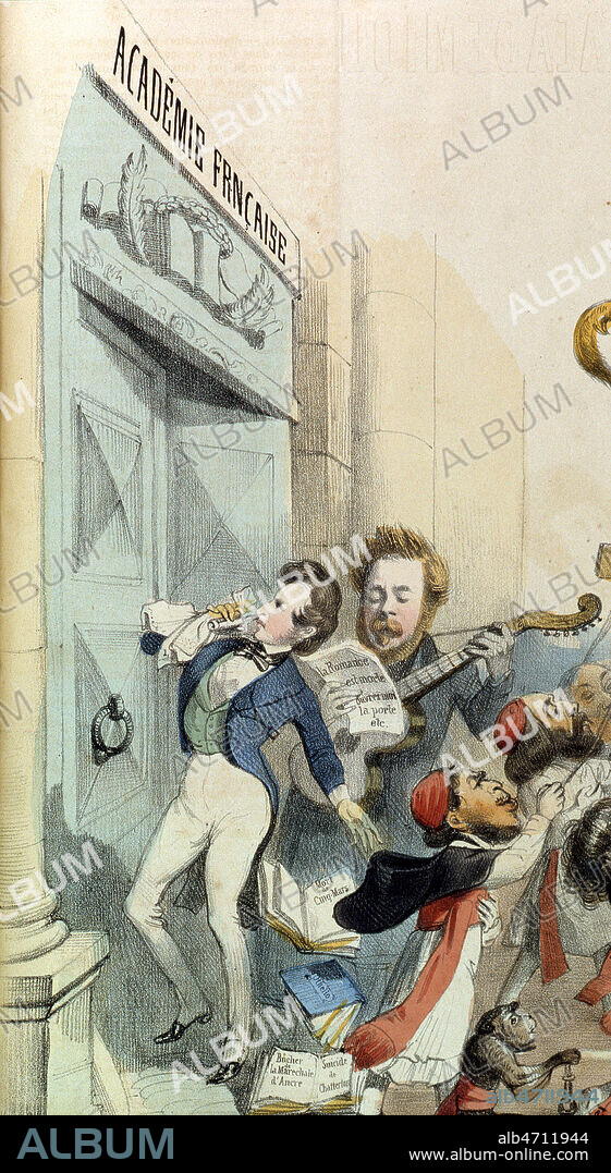 Grande course au clocher academique. Ecrivains romantiques protestant de voir refuser l'entree de l'Academie francaise a Victor HUGO. Caricature de GRANDVILLE de 1839. Alfred de VIGNY trepigne devant la porte. Credit : Coll. BHVP-Grob/KHARBINE-TAPABOR.