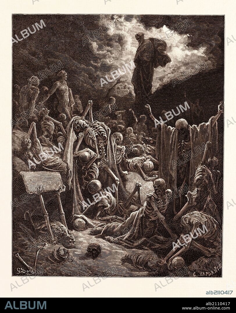 THE VISION OF THE VALLEY OF DRY BONES, EZEKIEL BY GUSTAVE DORÉ. Dore, 1832 - 1883, French. 1870, Art, Artist, romanticism, colour, color engraving, becoming alive, bone, dead, death, ezechiel, metamorphosis, prophet, prophetic, resurrection, romantic, skeleton, vision.