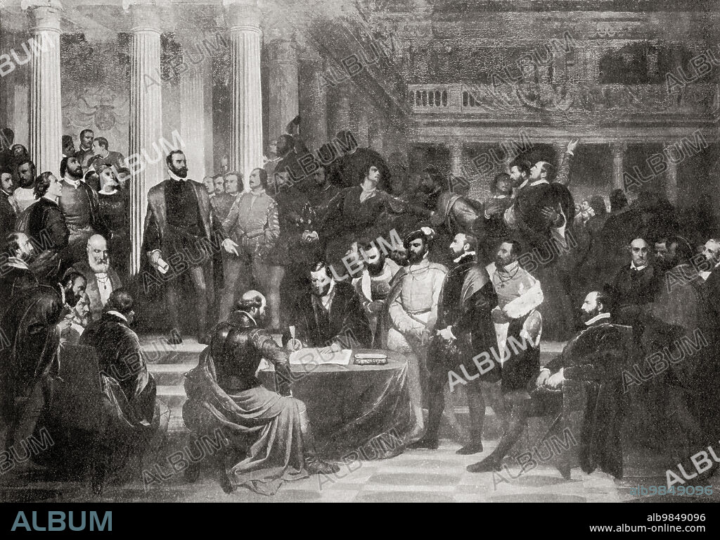 The Treaty of the Nobles of the Netherlands in 1568 who wished to resist the introduction of the Spanish Inquisition and of Spanish rule in the Netherlands. Hoorn is signing the treaty with Egmont to his left, both men were later arrested and beheaded. Lamoral, Count of Egmont, Prince of Gavere, 1522 Ã¢â‚¬â€œ 1568. General and statesman in the Spanish Netherlands. Philip de Montmorency (died 5 June 1568) aka Count of Horn or Hoorne or Hoorn. Victim of the Inquisition in the Spanish Netherlands. From Hutchinson's History of the Nations, published 1915.