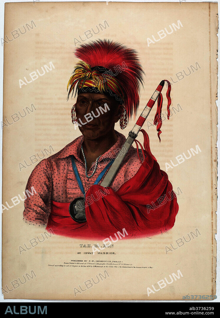 CHARLES BIRD KING JAMES OTTO LEWIS. Tah_Ro_Hon, An Iowy Warrior. Dated: 1799-1858. Dimensions: sheet: 52.07 × 36.83 cm (20 1/2 × 14 1/2 in.). Medium: lithograph in black with watercolor additions on wove paper.