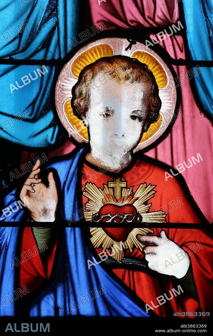 Notre-Dame Saint-Lazare collegiate church. Stained glass window. Virgin Mary with the infant Jesus. Avallon, France.