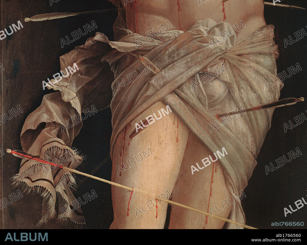 St Sebastian, by Andrea Mantegna, 1490 about, 15th Century, probably glue tempera on canvas, cm 210 x 91. Italy, Veneto, Venice, Ca dOro, Franchetti Gallery. Detail. Legs and pelvis of the saint pierced by arrows. Authorization required for non editorial use.
