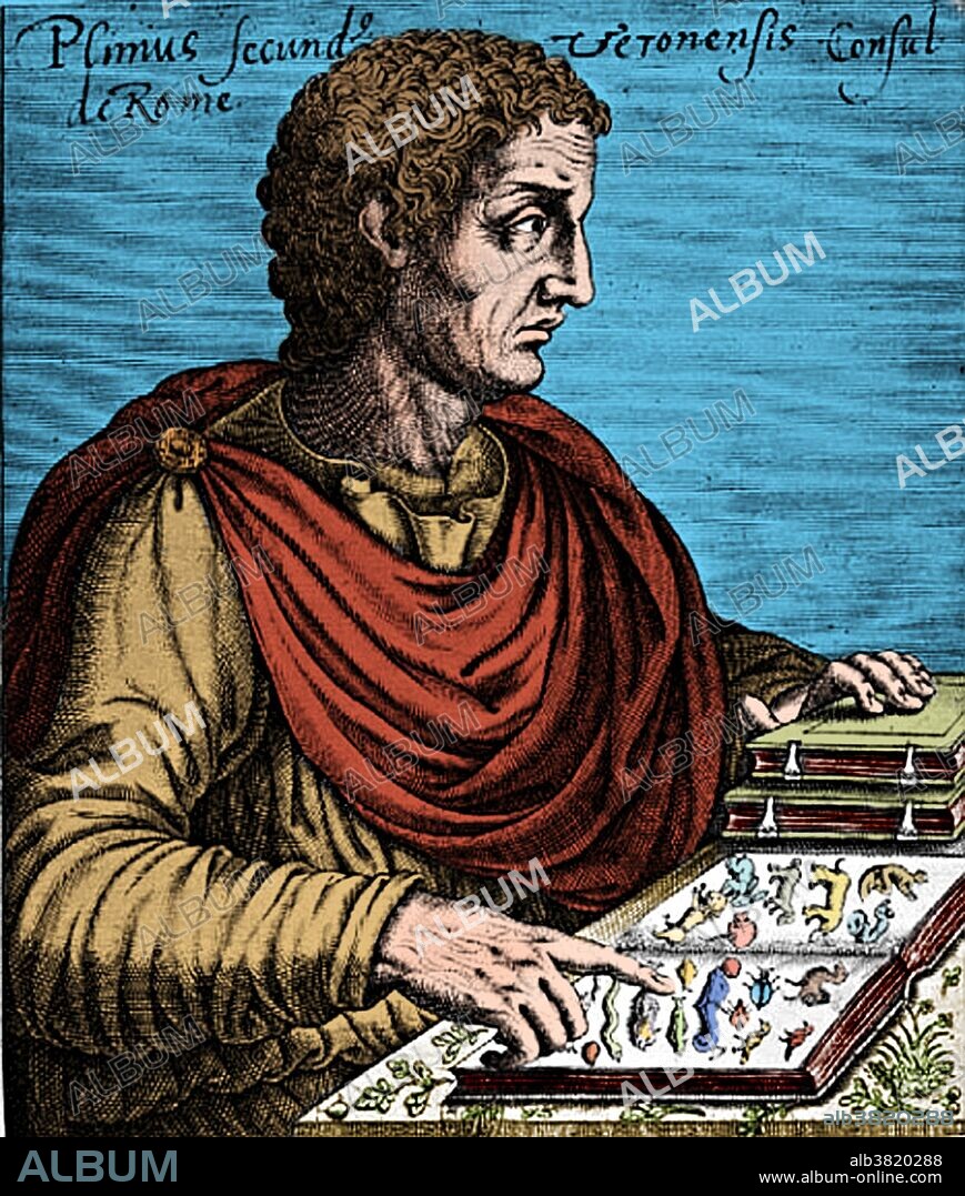 Gaius Plinius Secundus (23 - August 25, 79), better known as Pliny the Elder, was a Roman author, naturalist, and natural philosopher, as well as naval and army commander of the early Roman Empire, and personal friend of the emperor Vespasian. Spending most of his spare time studying, writing or investigating natural and geographic phenomena in the field, he wrote an encyclopedic work, Naturalis Historia, which became a model for all such works written subsequently. He died on August 25, AD 79, while attempting the rescue by ship of a friend and his family from the eruption of Mount Vesuvius that had just destroyed the cities of Pompeii and Herculaneum. The prevailing wind would not allow his ship to leave the shore. His companions attributed his collapse and death to toxic fumes, but they were unaffected by the fumes, suggesting natural causes at the age of 56.