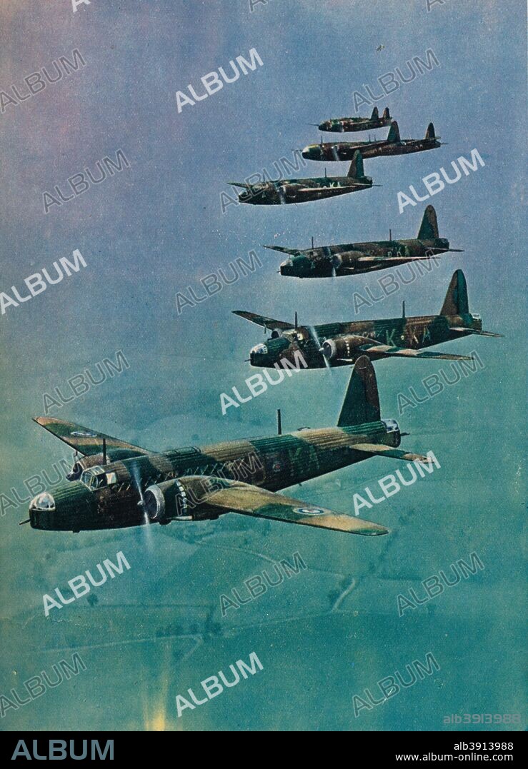 Wellington Bombers in Formation, 1940. The Vickers Wellington was a British twin-engined, long range medium bomber designed in the mid-1930s by Vickers-Armstrongs' Chief Designer, Reginald Kirshaw Rex Pierson (1891?1948). It was widely used as a night bomber in the early years of World War II. From 'Our Air Force' published by Ward, Lock & Co., Ltd., 1940.