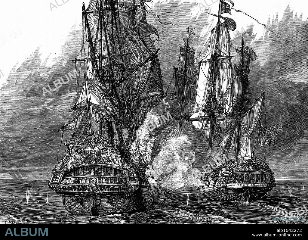 George Anson, Baron Anson (1697-1762) English naval commander, in the 'Centurion' (right) taking the Spanish galleon 'Nostra Signora de Cabadonga' off the Philippines. War of Jenkins' Ear 1739-48. Woodcut c.1895.