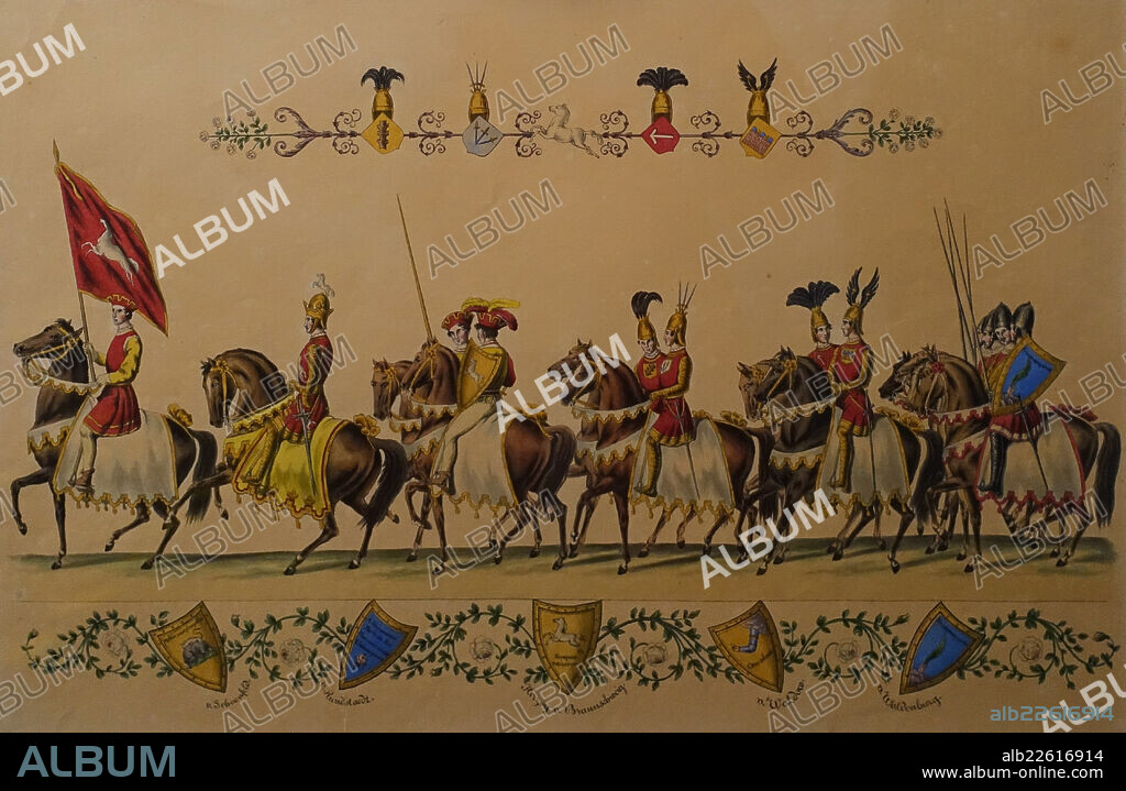 LITHOGRAPHY BY THEODOR HOSEMANN BASED ON A DRAWING BY HEINRICH STÜRMER. Cavalcade of princes and knights. Lithograph from a series "The Magic of the White Rose" in Posdam, July 13, 1829. Germany. First third of the 19th century. Lithography by Theodor Hosemann based on a drawing by Heinrich Stürmer. Paper, lithograph, gouache, watercolor. Saint Petersburg State Museum of Theater and Music.