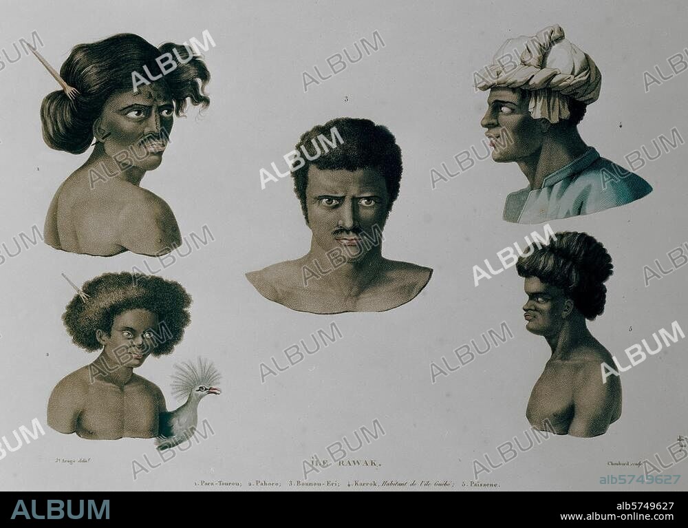Ethnologie / Océanie (?). "Ile Rawak: 1. Para-Tourou; 2. Pahoro; 3. Bounou-Eri; 4. Karrok (...) ". Grav. sur cuivre, col., de Chouard d'ap. un dessin de Jacques Étienne Victor Arago (1790-1855). Tiré de: L.-C.-D. de Freycinet, Voyage autour du monde pendant les années 1817-20, Paris, 1824-44. Paris, coll. particulière.