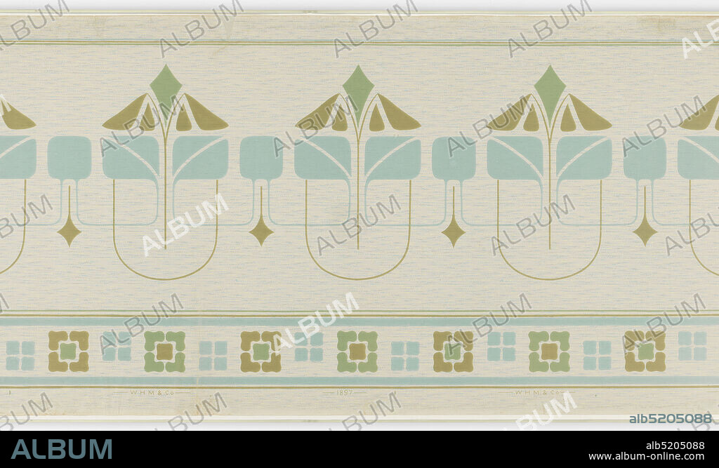Frieze, W.H. Mairs & Co., 1855, Machine-printed paper, Repeating design of interconnected geometric floral motifs above a border of complementary geometric flowerheads. Printed in shades of blue and green on a blue ground with an overlay of a pattern of tiny, multi-colored waves., Brooklyn, New York, USA, 19051915, Wallcoverings, Frieze.