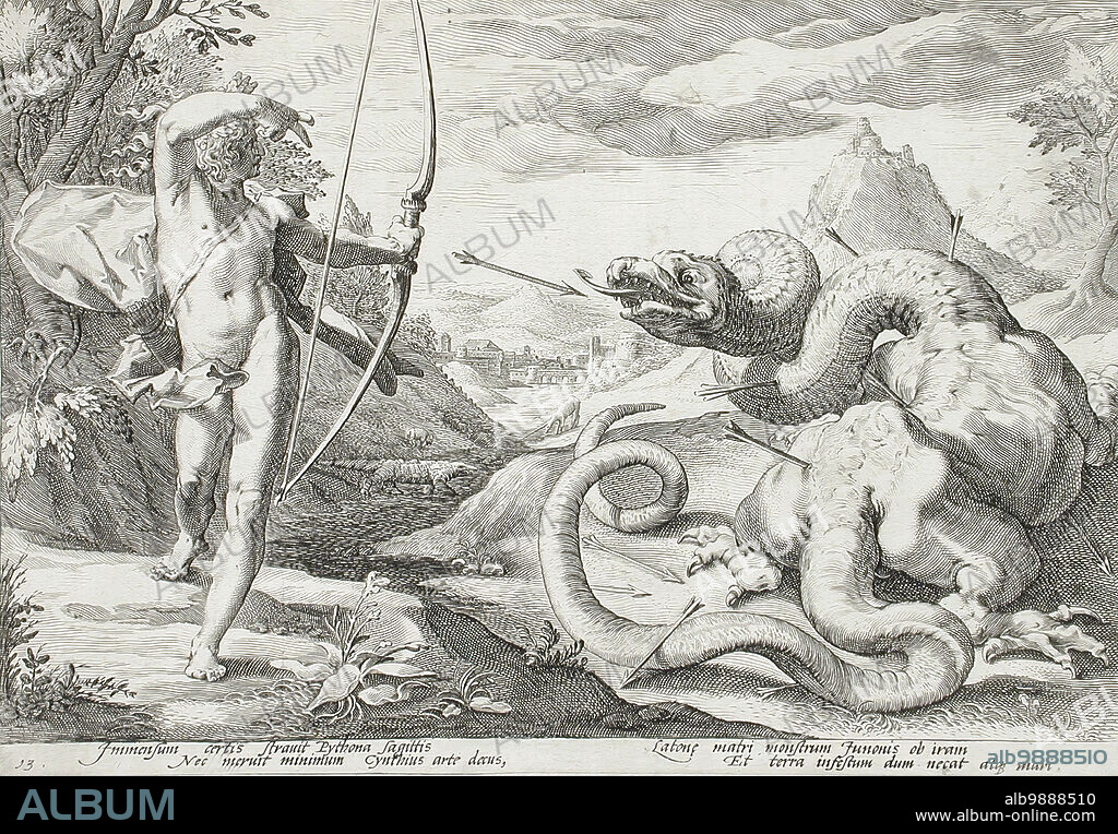 HENDRIK GOLTZIUS. Apollo Killing the Python, published 1589. From Metamorphoses by Ovid, book 1, plate 13.
