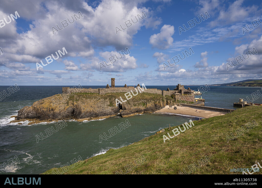 Peel Castle standing on St. Patrick's Isle, Peel, Isle of Man, Europe.