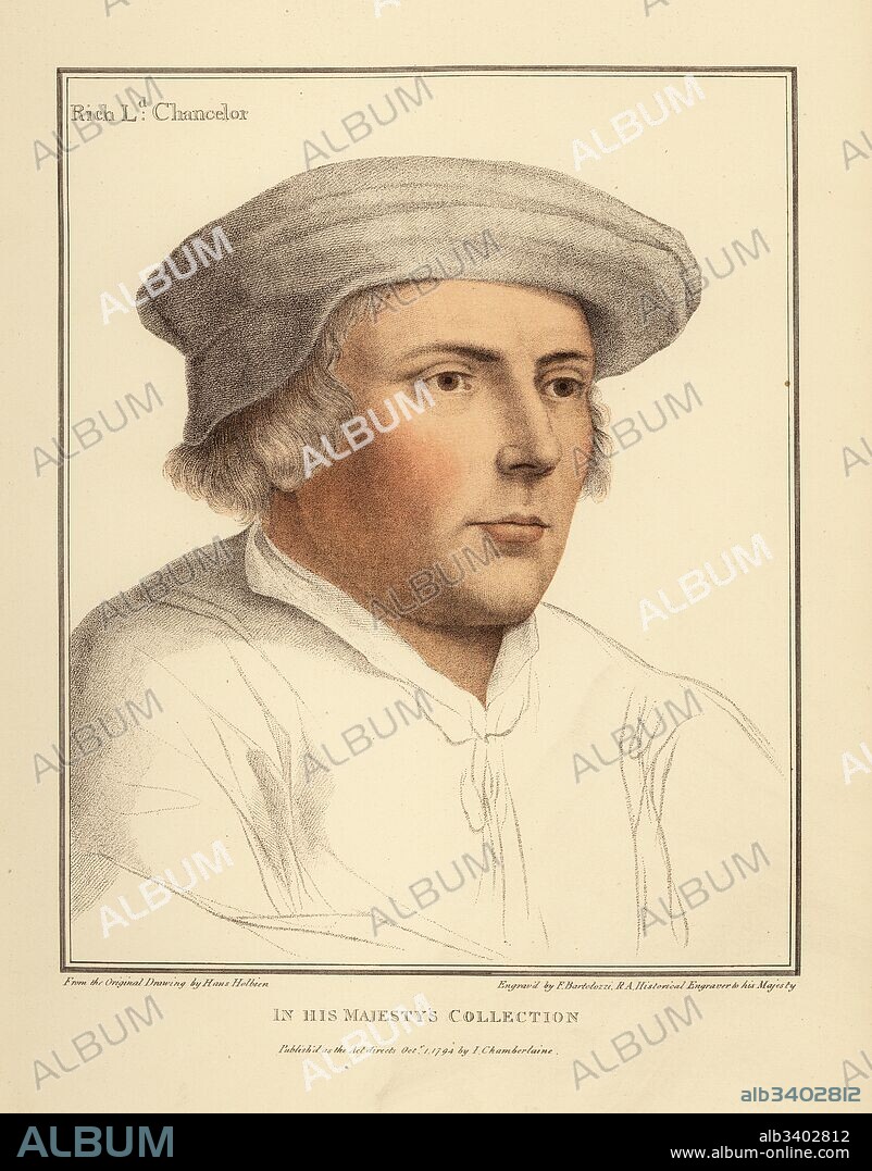 Sir Richard Rich, 1st Baron Rich (1496-1567), Lord Chancellor during the reign of King Edward VI. Handcoloured copperplate engraving by Francis Bartolozzi after Hans Holbein from Facsimiles of Original Drawings by Hans Holbein, Hamilton, Adams, London, 1884.