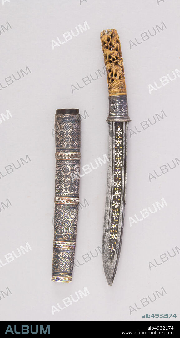 Dagger with Sheath (Dah Hmyaung or Dha), Burmese, 18th century, Burmese, Steel, ivory, copper, wood, silver, gold, H. with sheath 10 3/4 in. (27.3 cm); H. without sheath 10 3/8 in. (26.4 cm); W. 1 5/16 in. (3.3 cm); Wt. 3.6 oz. (102.1 g); Wt. of sheath 2 oz. (56.7 g), Knives.