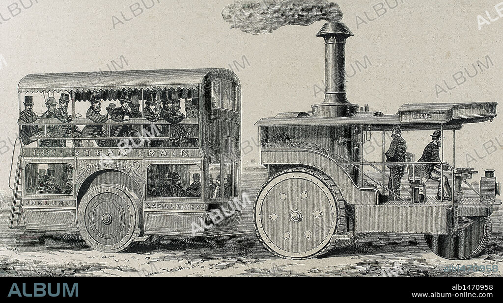 INGLATERRA. LOCOMOTORA-OMNIBUS accionada mediante vapor, circulando por un camino rocoso. Grabado de 'La Ilustración Española y Americana' (año 1872). S. XIX.