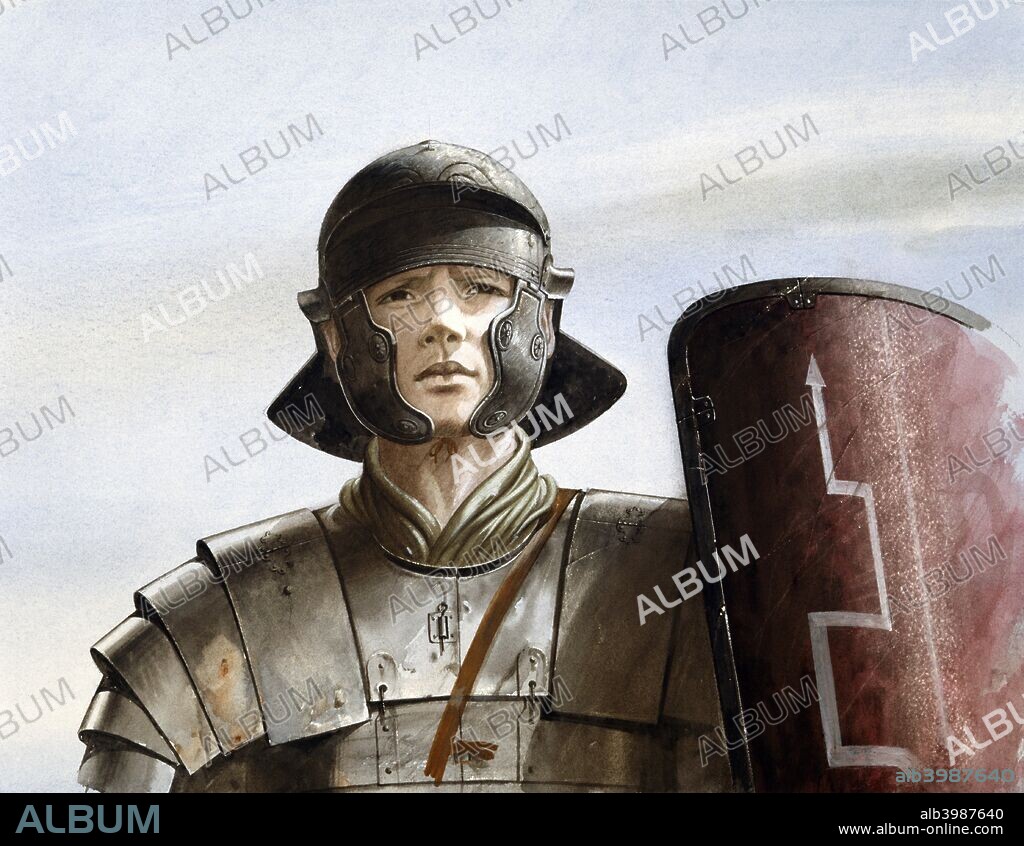 Roman soldier, c1st century, (c1990-2010). Reconstruction drawing of Roman soldier at Maiden Castle, an Iron Age hill fort in the English county of Dorset. In about 1800 BC, during the Bronze Age, the site was used for growing crops before being abandoned. Maiden Castle itself was built in about 600 BC. Around 450 BC it underwent major expansion, during which the enclosed area was nearly tripled.