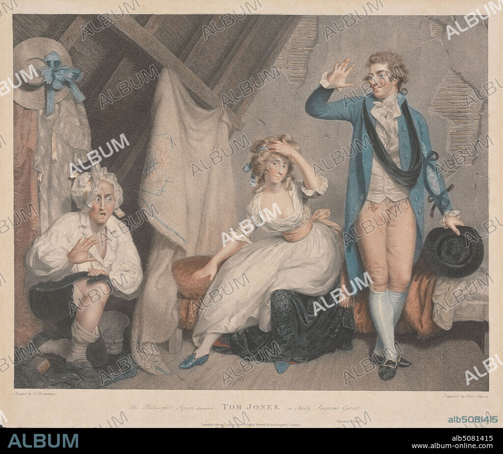 Tom Jones: 'The Philosopher Square, Discovered in Molly Seagrim's Garret', Peter Simon, 17501810, after John Downman, 17501824, British, 1789, Colored stipple engraving on medium, slightly textured, blued white, laid paper, Sheet: 16 7/8 × 19 7/8 inches (42.9 × 50.5 cm) and Image: 14 5/8 × 18 1/2 inches (37.1 × 47 cm).