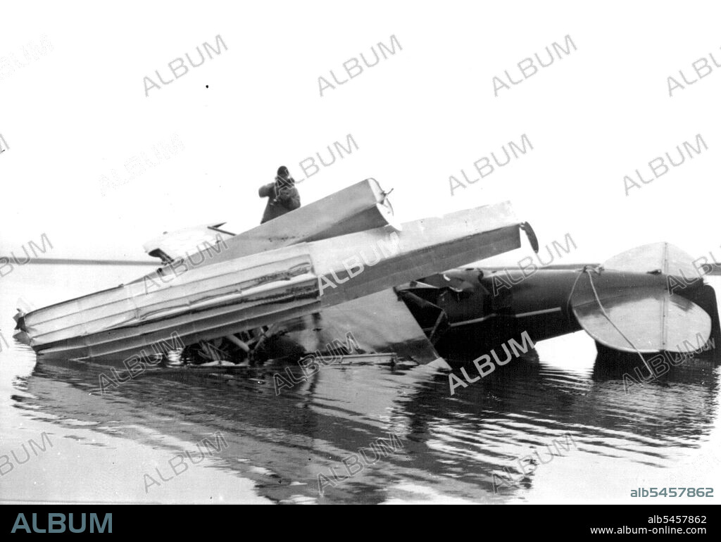 Wreckage Of Rogers Post Plane -- This is a closeup of the wreckage of the plane in which Wiley Post and will Rogers crashed to their deaths August 15 Near here. It shows show the ship was shattered in its plunge into the shallow river. The broken pontoons stand out in the foreground. This picture taken by Charles Brower, "King of the arctic," was relayed to San Francisco in the fastest trip ever made from Barrow, 42 hours by four relays of planes. August 08, 1935. (Photo by Associated Press Photo).