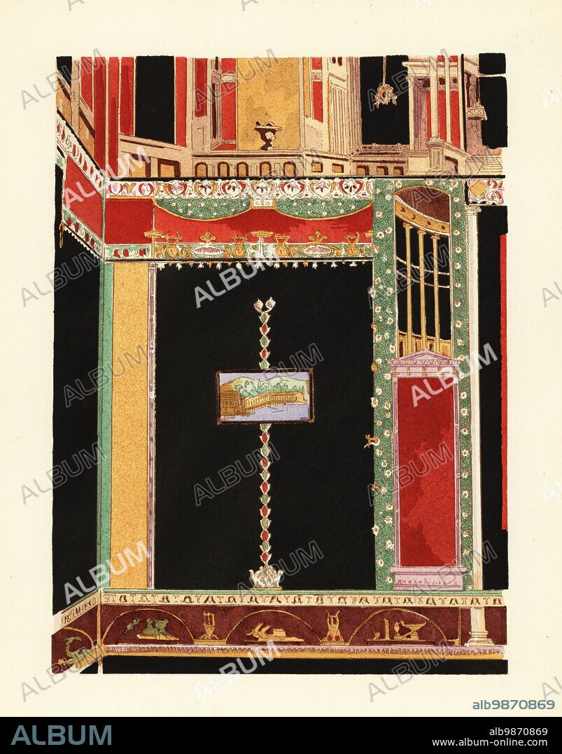 Tablinum in the House of Marcus Lucretius Fronto, Pompeii. Third Pompeian Style. Casa di Marco Lucrezio Frontone. Tablinum de la maison de Fronto, Region V.4. Troisieme style. Handcoloured pochoir (stencil) lithograph by Pierre Guzman from his own Decoration murale a Pompei, (Wall decoration at Pompeii), Editions Albert Morance), Paris, 1924.