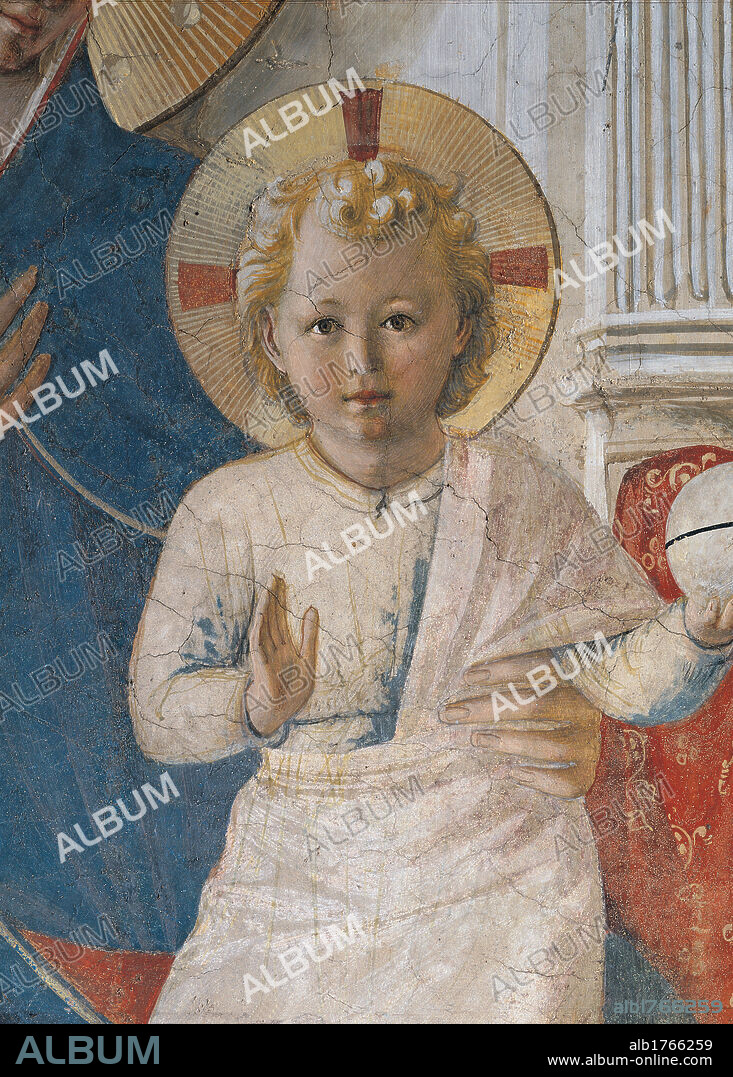 Madonna of the Shadows, by Guido di Pietro (Piero) known as Beato Angelico, 1438-1446 about, 15th Century, fresco,. Italy, Tuscany, Florence, San Marco Convent, corridor of the clerics. Detail. Jesus Child Baby face aureole hand blond curls. Authorization required for non editorial use.