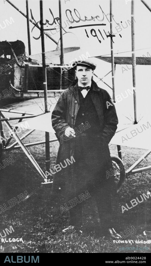 John William Alcock (1892-1919) British aviator who, with Arthur Whitten Brown (1886-1948), was first to fly Atlantic non-stop, 14 June 1919. Photograph of Alcock at Hendon signed and dated 1914.