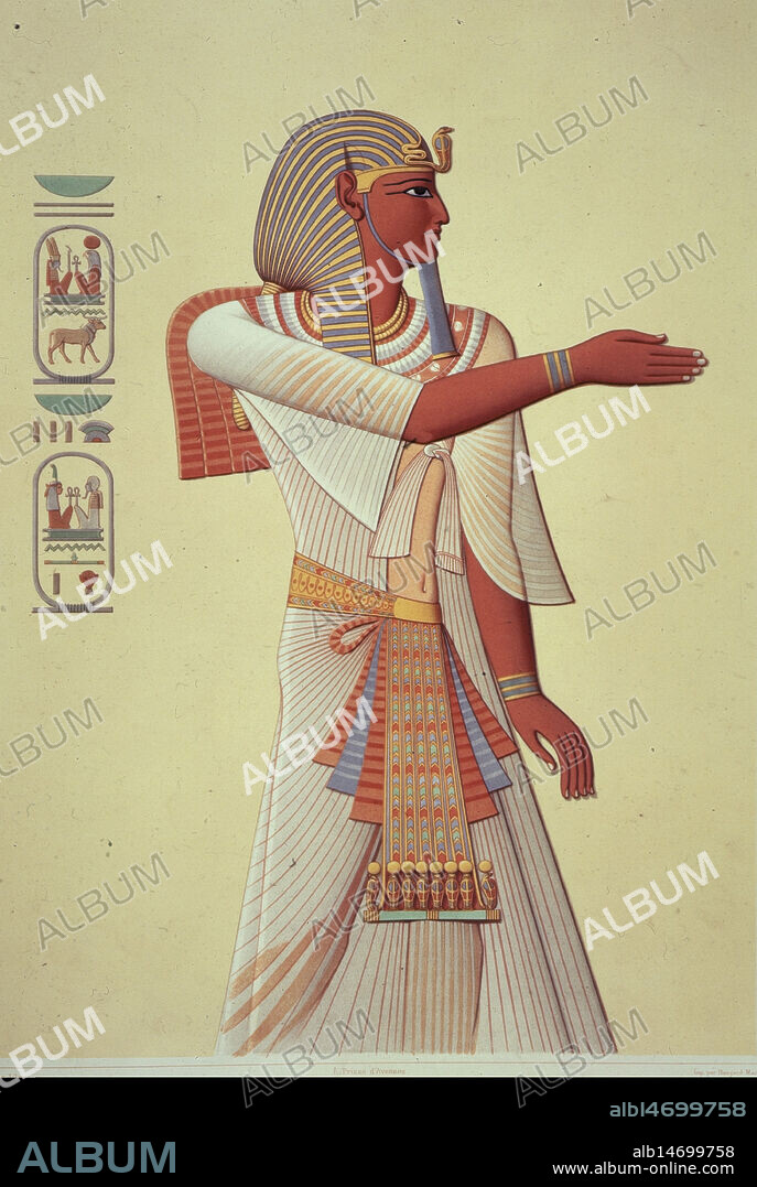 Portrait of Pharaoh Mienptah Hotephimat, 1878-1879. 'Portrait du Pharaon Mienptah Hotephimat'. Possibly Merneptah (1213-1203 BC), also known as Mienptah-Hotephima. From "Histoire de l' Art Egyptien" (History of Egyptian Art) by Emile Prisse D'Avennes. [Paris, 1878-1879].