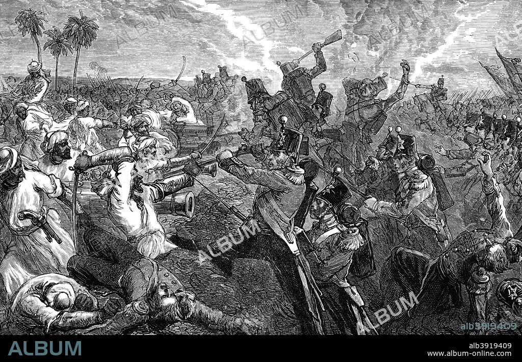 The Battle of Ferozeshah, India, 1845, (1900). The Battle was fought between the British and the Sikhs at the village of Ferozeshah in the Punjab. The British won, but only just. Illustration from The life and times of Queen Victoria by Robert Wilson, (1900).