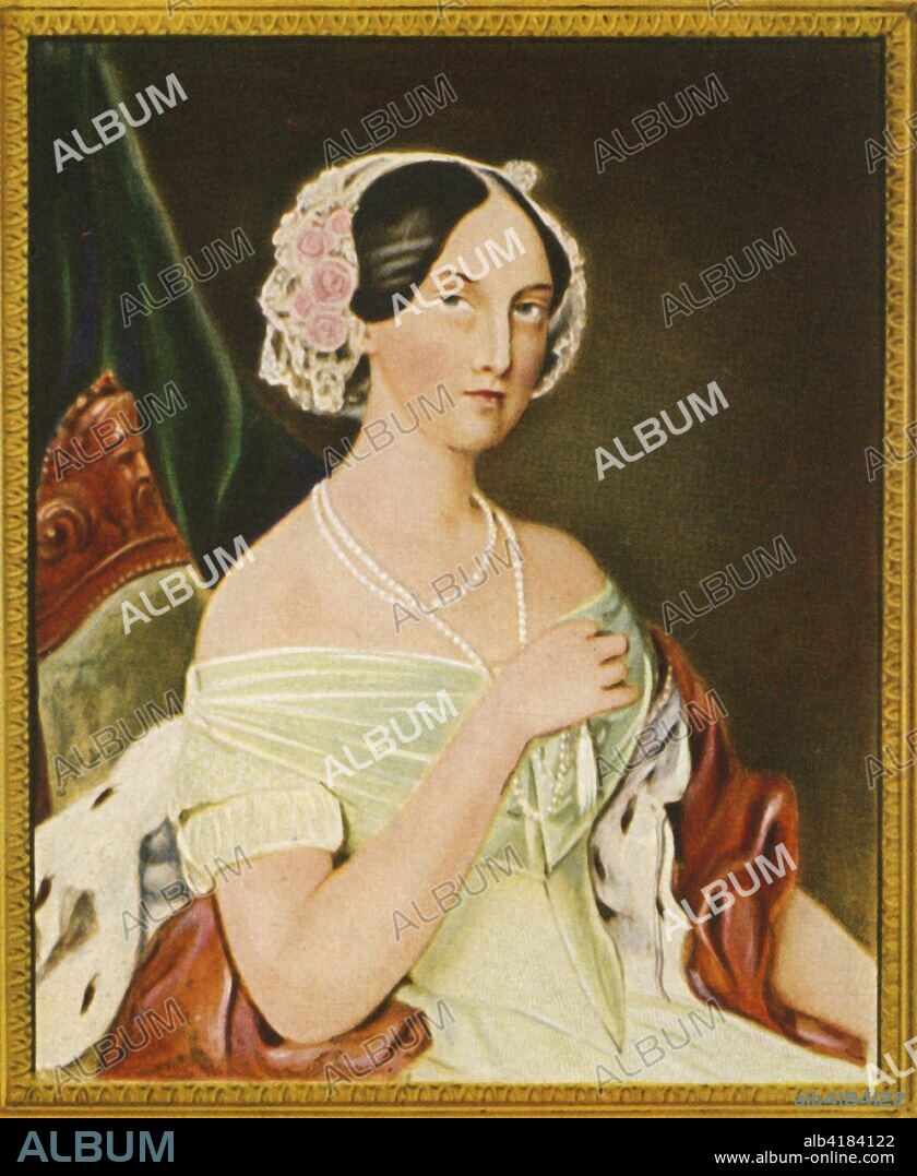 'Olga Nikolajewna, (1933). Portrait of Grand Duchess Olga Nikolaevna, Queen of Württemberg (1822-1892). Olga Nikolaevna was the second daughter of Tsar Nicholas I and Alexandra Feodorovna. She married the future King Charles I of Württemberg in 1846. After a miniature by Franz Napoleon Heigel. From "Gestalten Der Weltgeschichte", a book of cigarette-card portrait miniatures of figures in world history from the last four hundred years. [Germany, 1933].