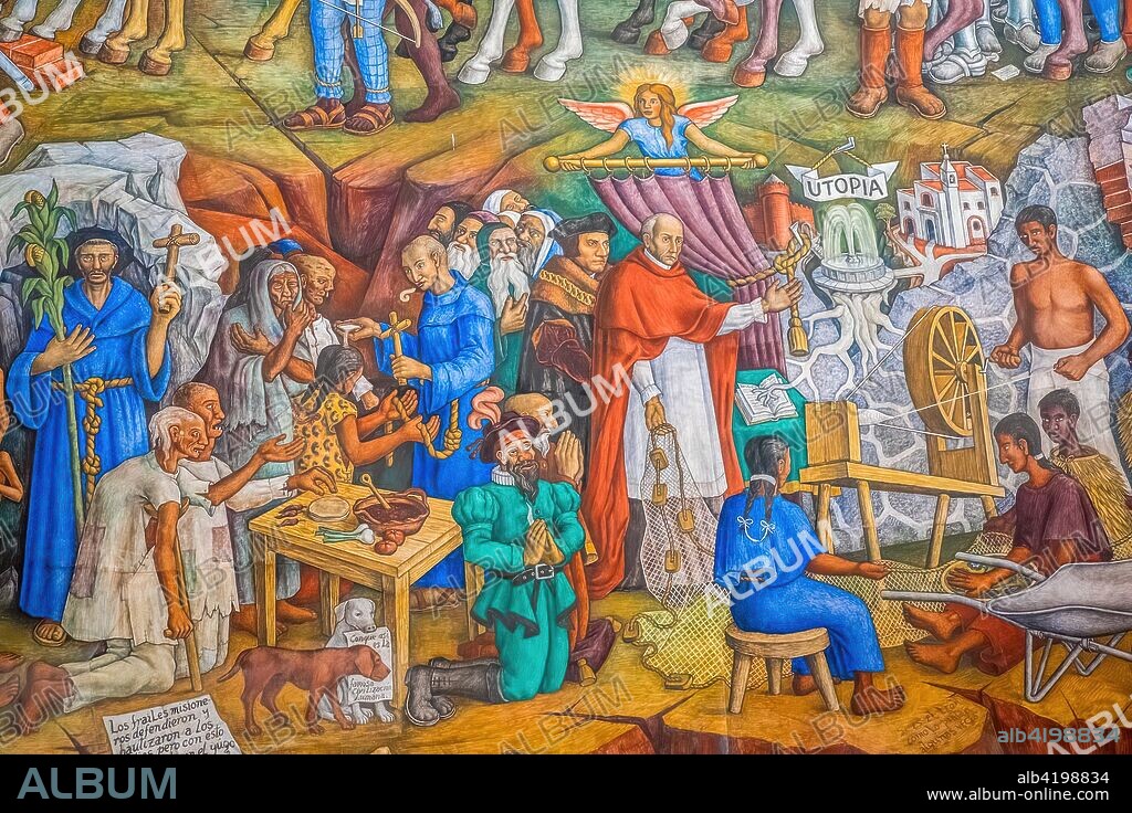 JUAN O'GORMAN. Quiroga, fundando un hospital-pueblo conforme a la Utopía de Moro. Fresco. 14 x 12, 7 metros. Biblioteca Gertrudis Bocanegra.