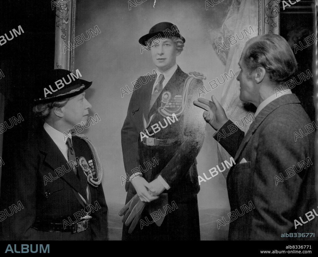 Princess Royal Sees Her Portrait -- The Princess Royal viewing with the artist, Mr. Richard Marientreu, at his studio in Campden Hill, London, her portrait in uniform as President of the Girl Guides Association. The painting is to be hung at the Guide headquarters in Buckingham Palace Road, London. The Princess Royal went to the studio for sittings. Mr. Marientreu, now in his early 50, came to Britain from Australia in 1933. May 31, 1955. (Photo by Reuterphoto).