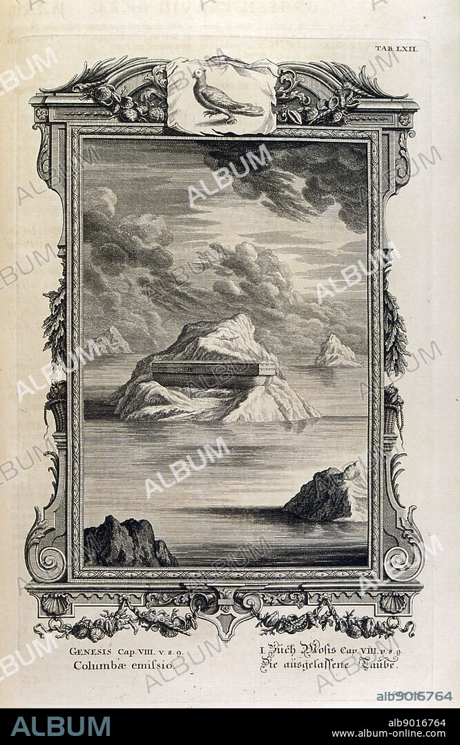Engraving depicting Noah's Ark resting on a mountain amid receding waters. The dove returns showing land is near. The illustration is set within an ornate frame.