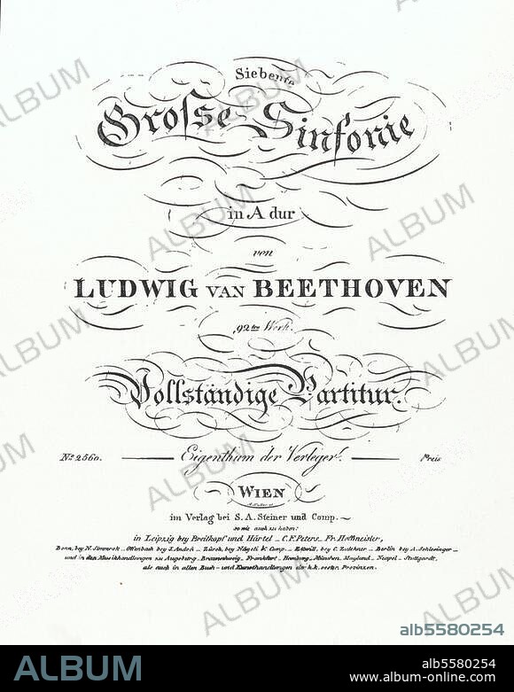 Beethoven, Ludwig van Composer, 1770-1827. Works: Symphony No. 7 in A major, op. 92. (1811-12; FP 8.12.1813). Cover of the original edition, Vienna (S.A.Steiner and Comp.) n. d. (November 1816).
