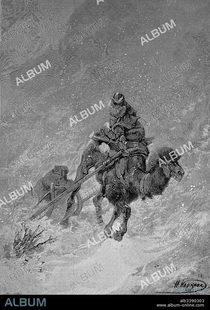 Winter in steppe of Turkmenistan, riders with carriage on a camel in snowstorm, Woodcut from 1892.