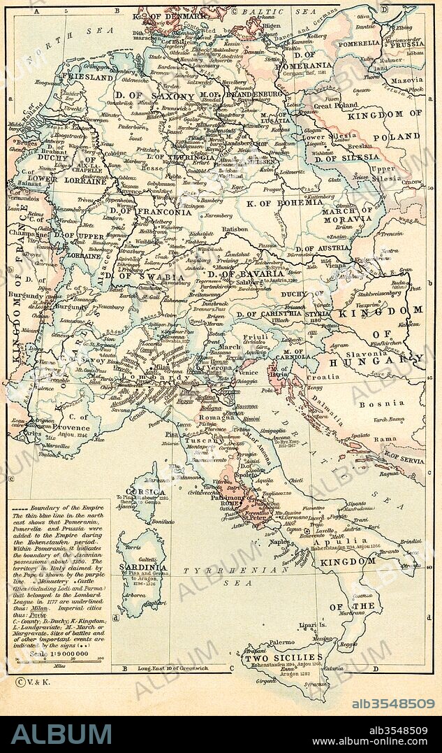 Map of The Holy Roman Empire under the Hohenstaufen, 1138 - 1254. From Historical Atlas, published 1923.