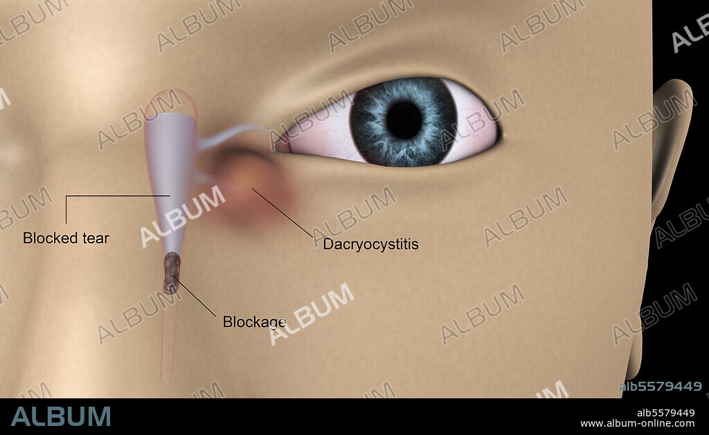 Medical illustration of dacryocystitis in the human eye.