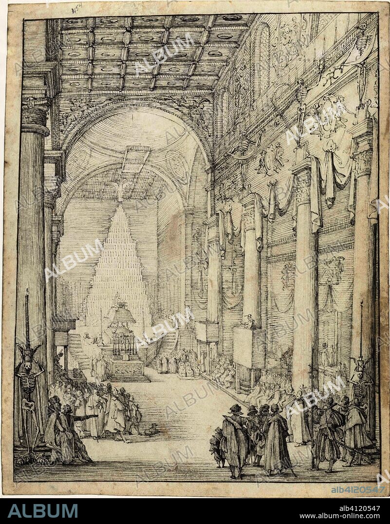 Corpse for Emperor Matthias. Artist: Jacques Callot. Draughtsman: Gerard ter Borch (II). Dating: c. 1619 - 1620. Place: Zwolle. Measurements: h 266 mm × w 210 mm; h 282 mm × w 221 mm.