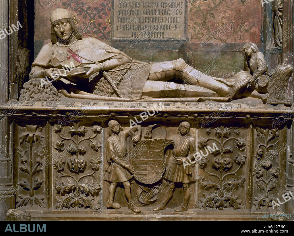 SEBASTIAN ALMONACID (1460-1526) ATRIBUIDA. Statue "page-boy". Grave of Don Martin Vazquez de Arce. 15th century. Sigüenza cathedral. Province of Guadalajara. Spain.
