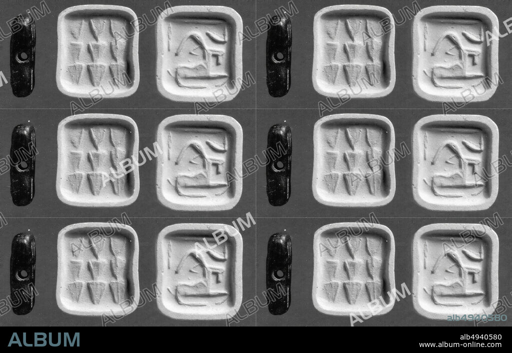 Rectangular plaque seal, Jemdet Nasr, Date ca. 31002900 B.C., Mesopotamia, Steatite, black, Seal Face: 2.08 x 1.85 cm, Height: 0.6 cm, String Hole: 0.2 cm, Stone-Stamp Seals.