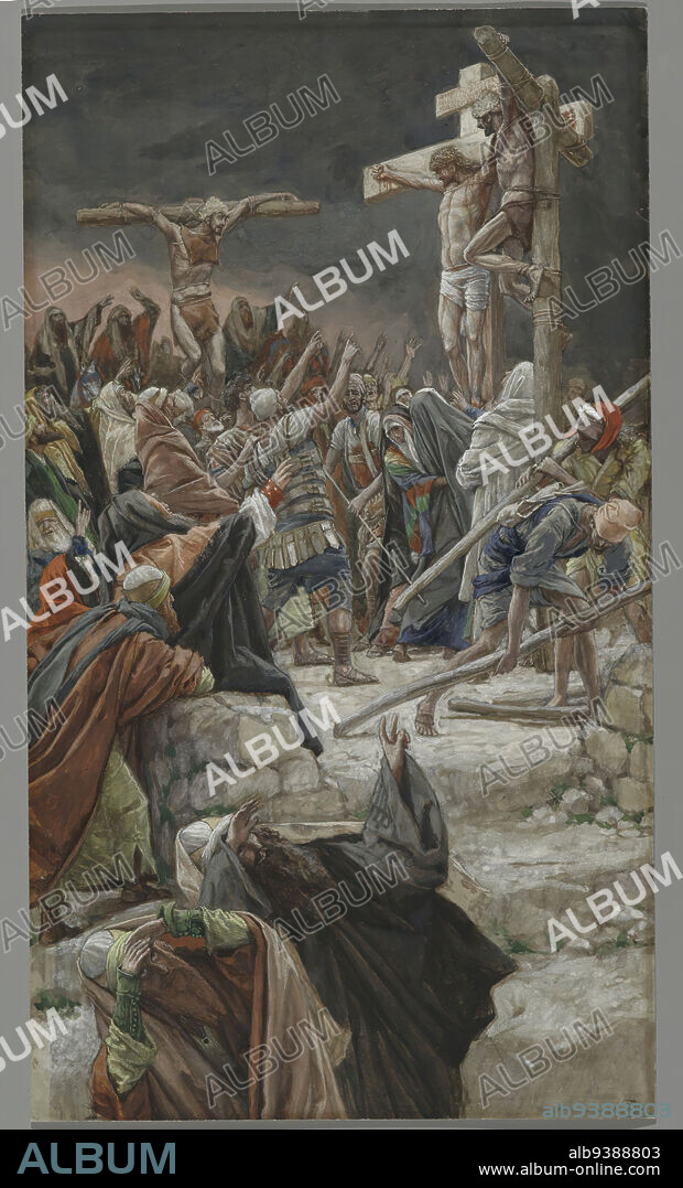 The Pardon of the Good Thief, Le pardon du bon Larron, The Life of Our Lord Jesus Christ, La Vie de Notre-Seigneur Jésus-Christ, James Tissot, French, 1836-1902, Opaque watercolor over graphite on gray wove paper, France, 1886-1894, Image: 14 1/4 x 8 1/16 in., 36.2 x 20.5 cm, 19th century, Bible, Calvary, Christ, Christianity, crook, cross, crucifix, crucifixation, Easter, forgiveness, French, French art, French watercolor, good, graphite, James Tissot, Jesus, Luke 23:39-43, New Testament, pardon, religion, robber, The Pardon of the Good Thief, thief, Tissot, wove paper.