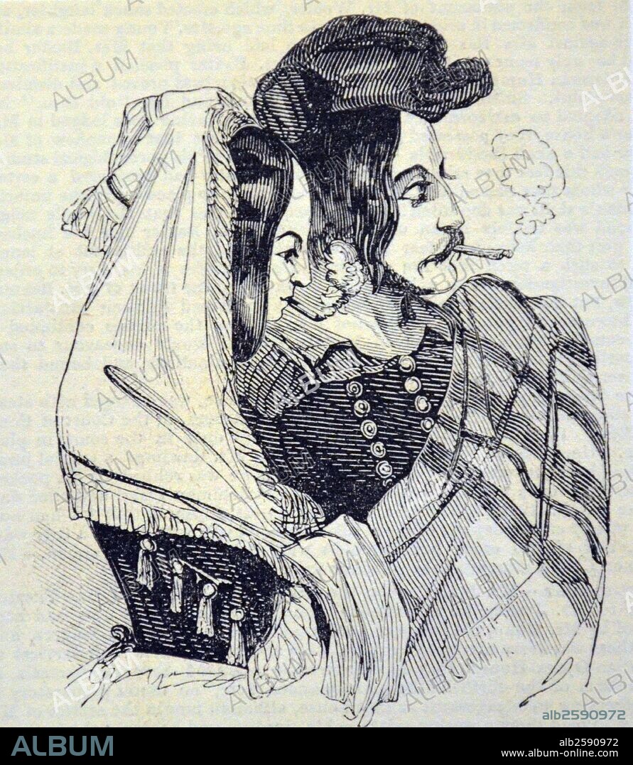 Spanish man and woman smoking cherrots.  Illustration by Alfred Crowquill (Alfred Henry Forrestier (1804-1872) from ''The Illustated London News'', London, 1844. Photo by: .