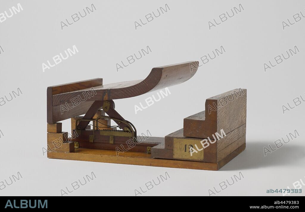 Model of a Support in a Dry Dock, Schematic model of part of a dry dock, with part of a ship's wall on blocks supported by a composite goat: with a rack and pawl the goat can be set in different positions adapting to the slope and height of the ship's surface., anonymous, United States of America, 1849, wood (plant material), brass (alloy), h 20.2 cm × w 30.3 cm × d 16.3 cm.