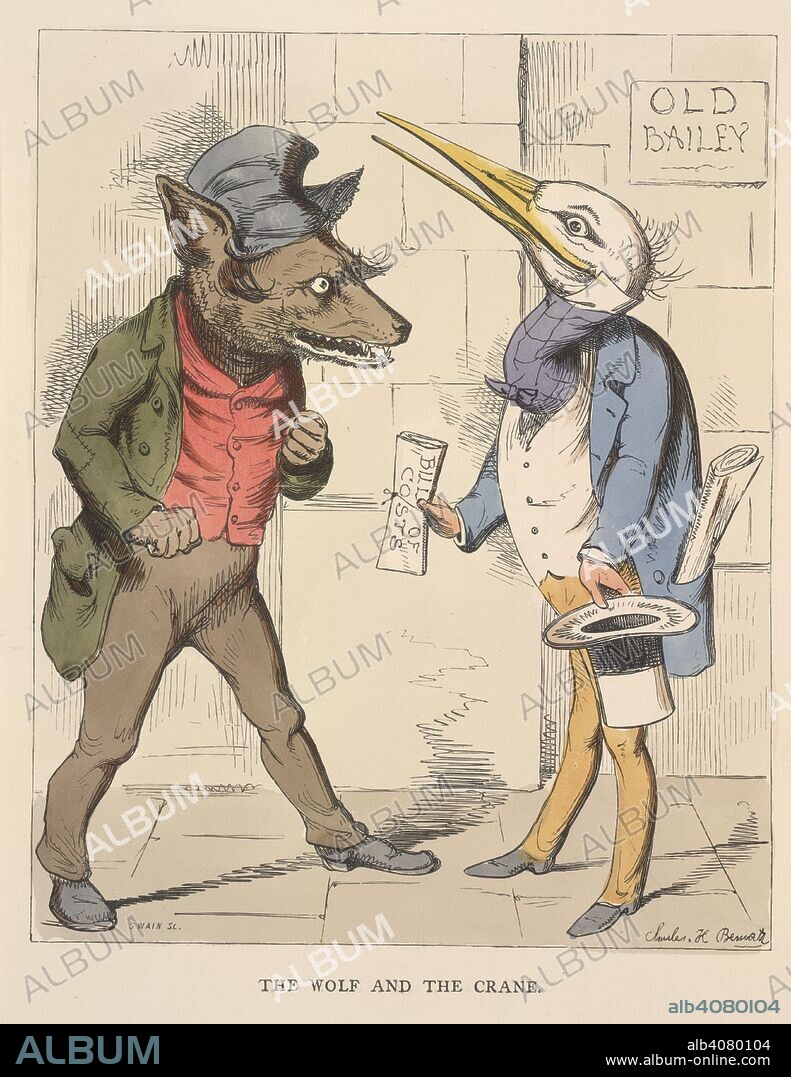 ESOPO, C. H BENNETT y J SWAIN. The wolf and the crane. The Fables of Ã†sop and others. Translated into hum. W. Kent & Co.: London, 1857. A wolf and a crane. The crane is holding a bill of costs, and they are standing outside the Old Bailey.  Image taken from The Fables of Ã†sop and others. Translated into human nature, designed and drawn on the wood by Charles H. Bennett, etc.  Originally published/produced in W. Kent & Co.: London, 1857. . Source: 12305.g.11, opposite 22. Language: English.
