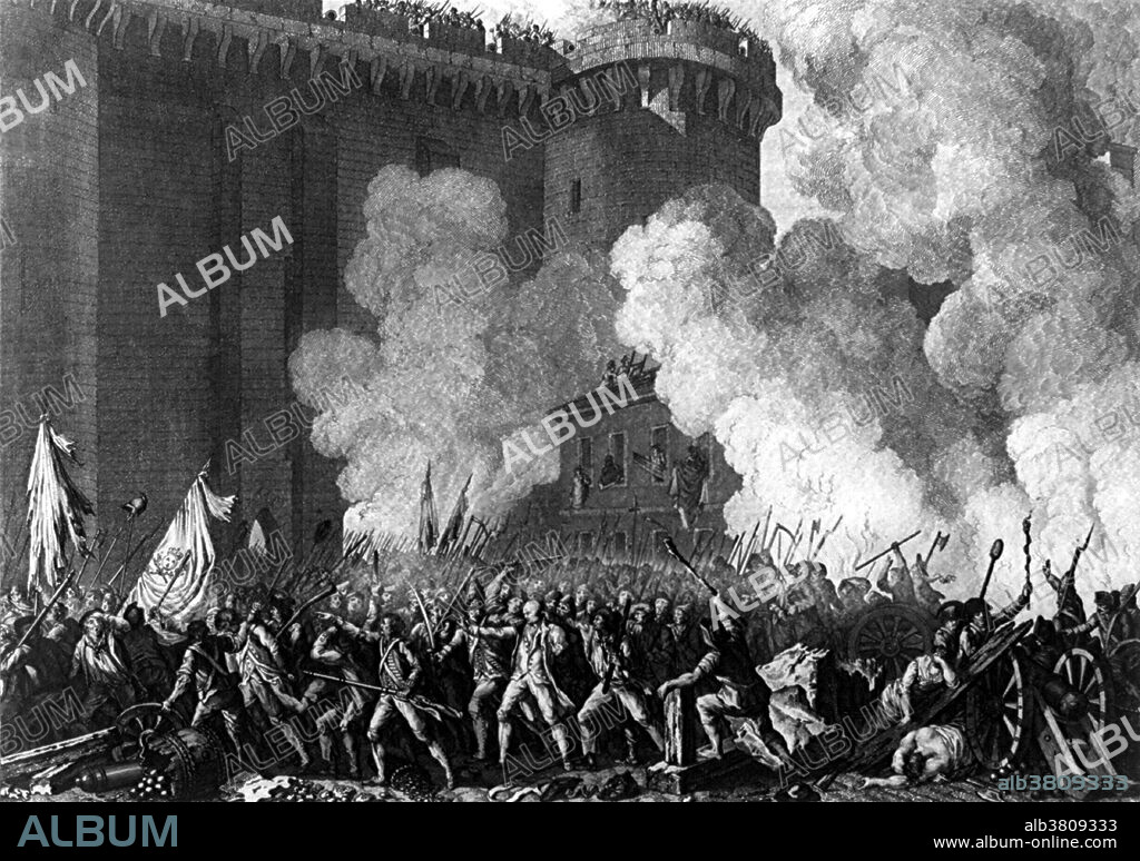 Entitled: "Arrestation de Mr. de Launay, gouverneur de la Bastille, le 14 Juillet 1789." Shows a mob of revolutionaries after the storming the Bastille, when late in the afternoon, Governor De Launay, of the Bastille, is arrested and taken away, on the lower left, at the beginning of the Revolution in 1789. The people of Paris, fearful that they and their representatives would be attacked by the royal military, and seeking to gain ammunition and gunpowder for the general populace, stormed the Bastille, a medieval fortress and prison in Paris. Besides holding a large cache of ammunition and gunpowder, the Bastille had been known for holding political prisoners whose writings had displeased the royal government, and was thus a symbol of the absolutism of the monarchy. The storming became a symbol of the abuses of the monarchy and its fall was the start of the Revolution. The French Revolution was a period of far-reaching social and political upheaval in France that lasted from 1789 until 1799, and was partially carried forward by Napoleon during the later expansion of the French Empire. Etching by Pierre Gabriel Berthault, 1804.